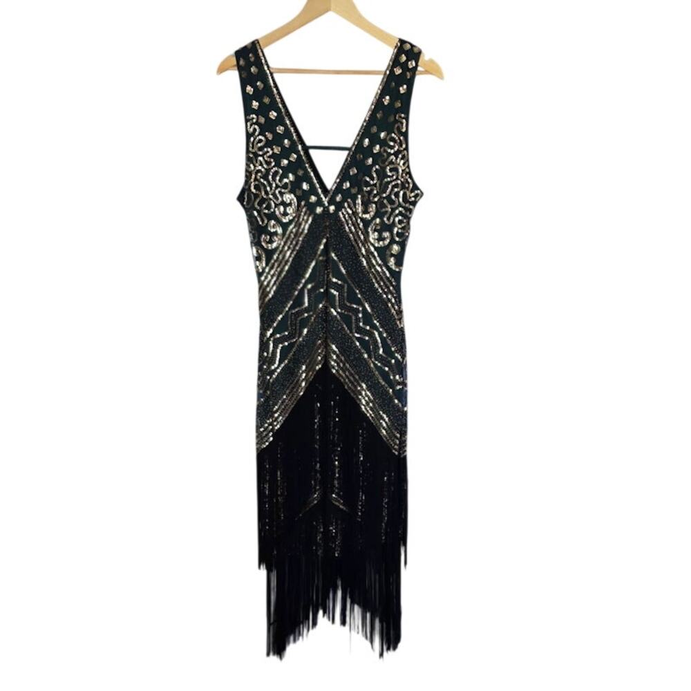 Babeyond Jazz Age 1920's Retro Women's Flapper Dress XL Fringe Gold Green